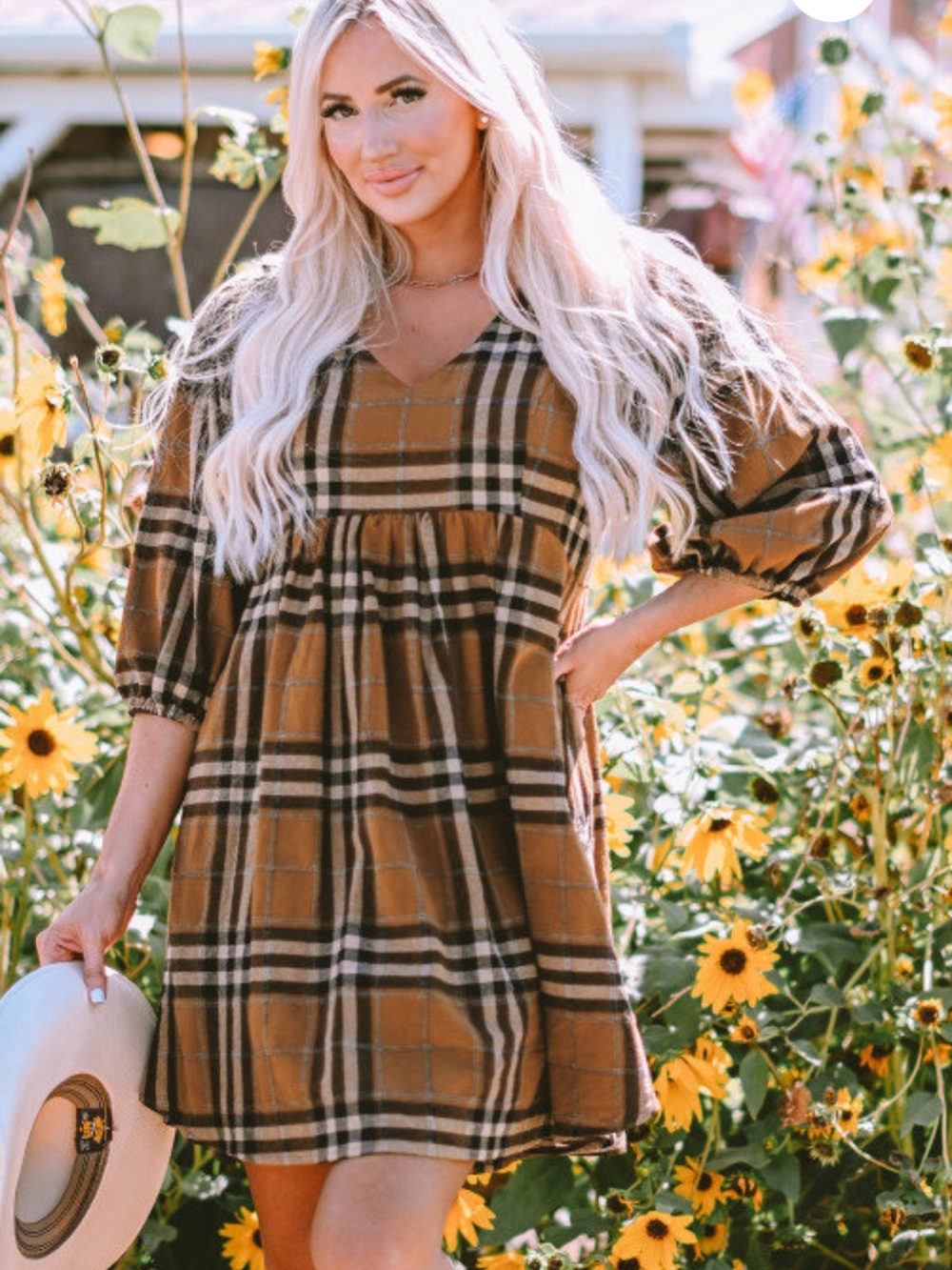 Plaid V-Neck Babydoll Mini Dress in Tan